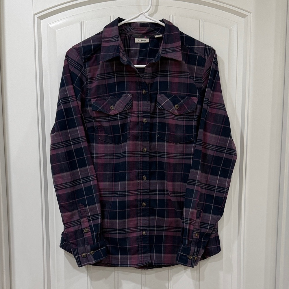 EUC L.L. Bean Dark Blue and Pink Plaid Shirt